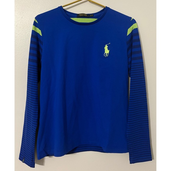 Polo Golf Ralph Lauren Tops - Polo Golf Ralph Lauren Women Blue Lime Green Striped Long Sleeve Pima Cotton XL